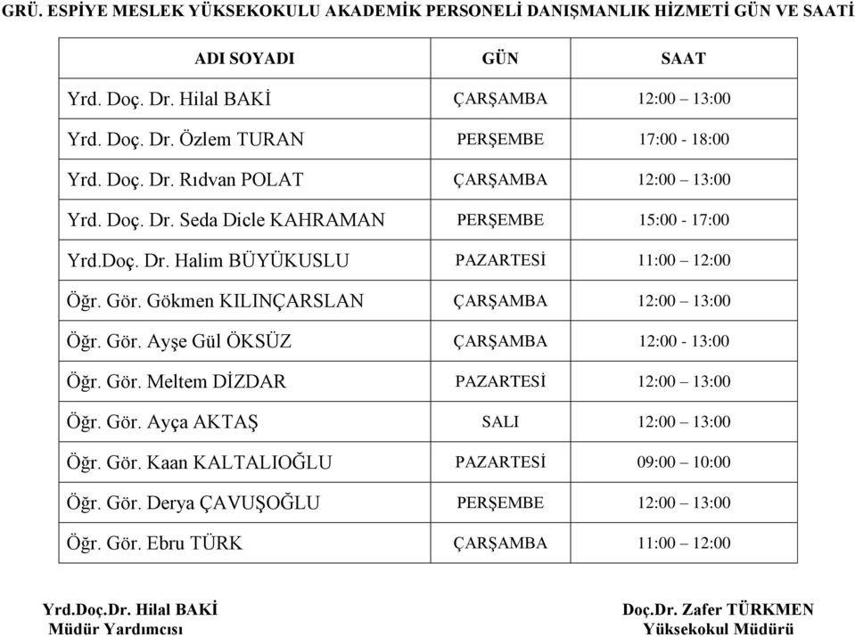 Gökmen ÇARŞAMBA 12:00 13:00 Öğr. Gör. Ayşe Gül ÖKSÜZ ÇARŞAMBA 12:00-13:00 Öğr. Gör. Meltem DİZDAR PAZARTESİ 12:00 13:00 Öğr. Gör. Ayça AKTAŞ SALI 12:00 13:00 Öğr.