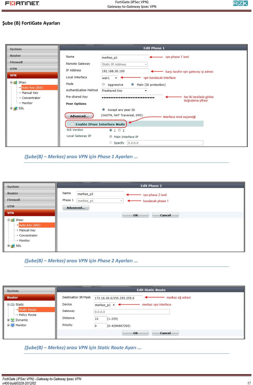 .. (Şube(B) Merkez) arası VPN için Phase 2 Ayarları.