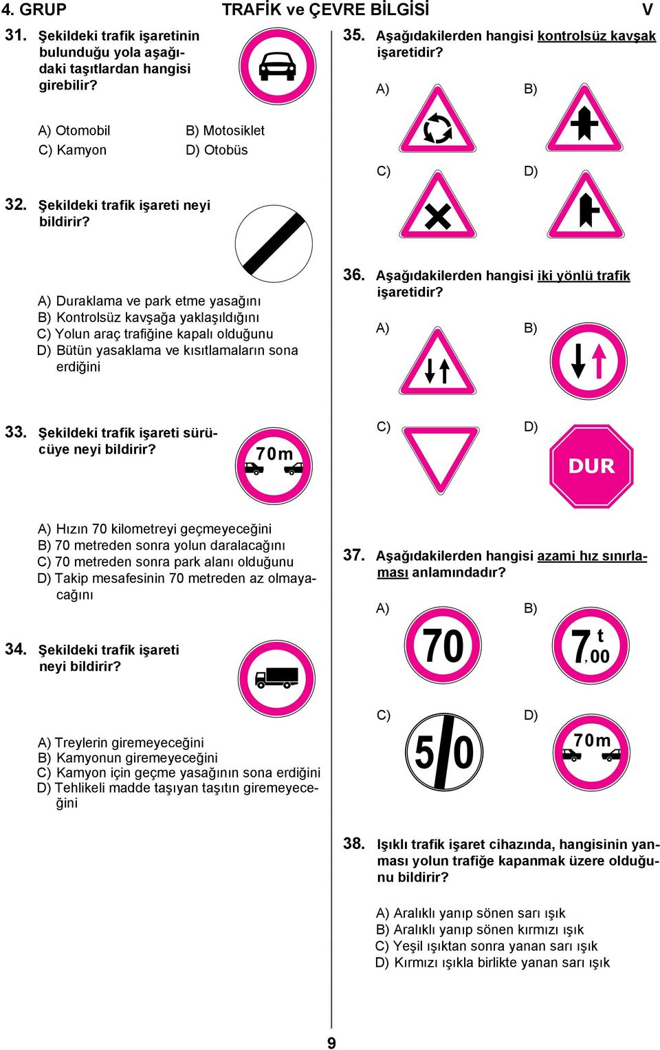 A) Duraklama ve park etme yasağını B) Kontrolsüz kavşağa yaklaşıldığını C) Yolun araç trafiğine kapalı olduğunu D) Bütün yasaklama ve kısıtlamaların sona erdiğini 36.