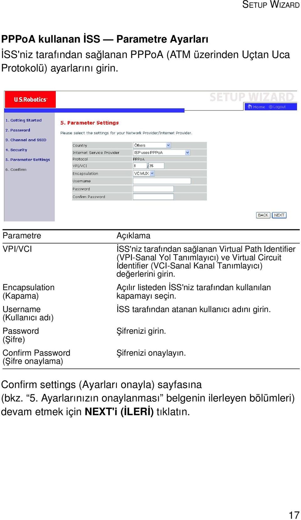 (VPI-Sanal Yol Tanımlayıcı) ve Virtual Circuit Identifier (VCI-Sanal Kanal Tanımlayıcı) değerlerini girin. Açılır listeden İSS'niz tarafından kullanılan kapamayı seçin.