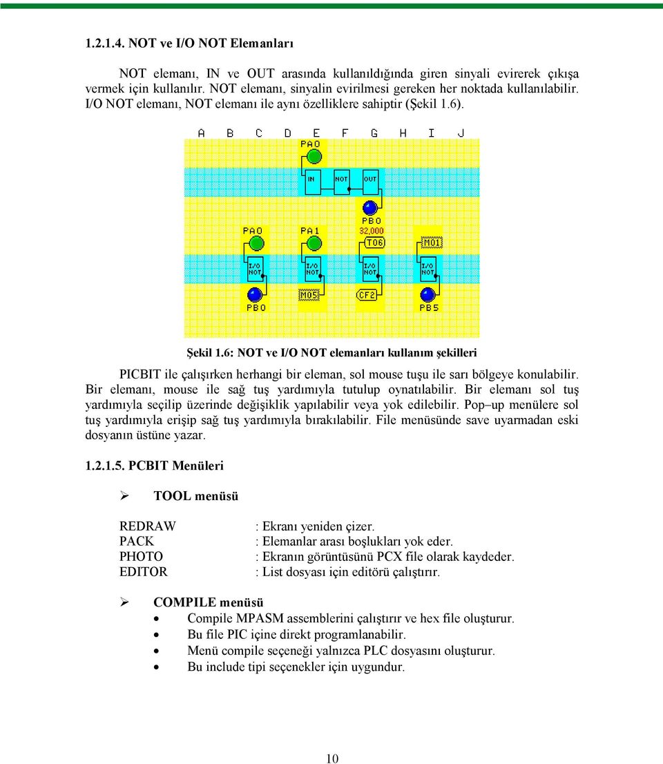 6: NOT ve I/O NOT elemanları kullanım şekilleri PICBIT ile çalışırken herhangi bir eleman, sol mouse tuşu ile sarı bölgeye konulabilir. Bir elemanı, mouse ile sağ tuş yardımıyla tutulup oynatılabilir.