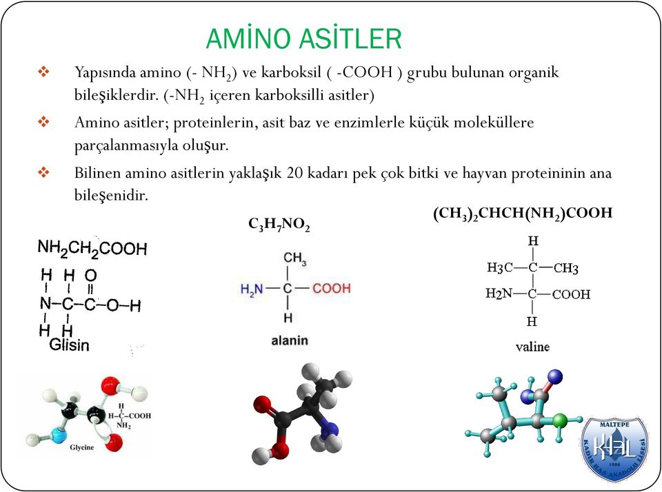 (-NH 2 içeren karboksilli asitler) Amino asitler; proteinlerin, asit baz ve enzimlerle
