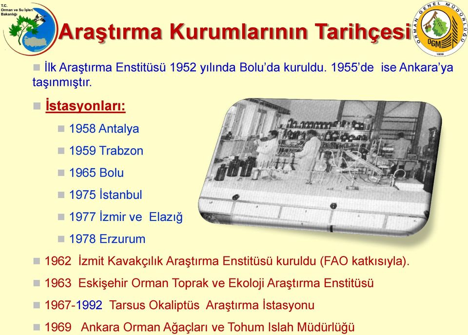 Ġstasyonları: 1958 Antalya 1959 Trabzon 1965 Bolu 1975 İstanbul 1977 İzmir ve Elazığ 1978 Erzurum 1962 İzmit