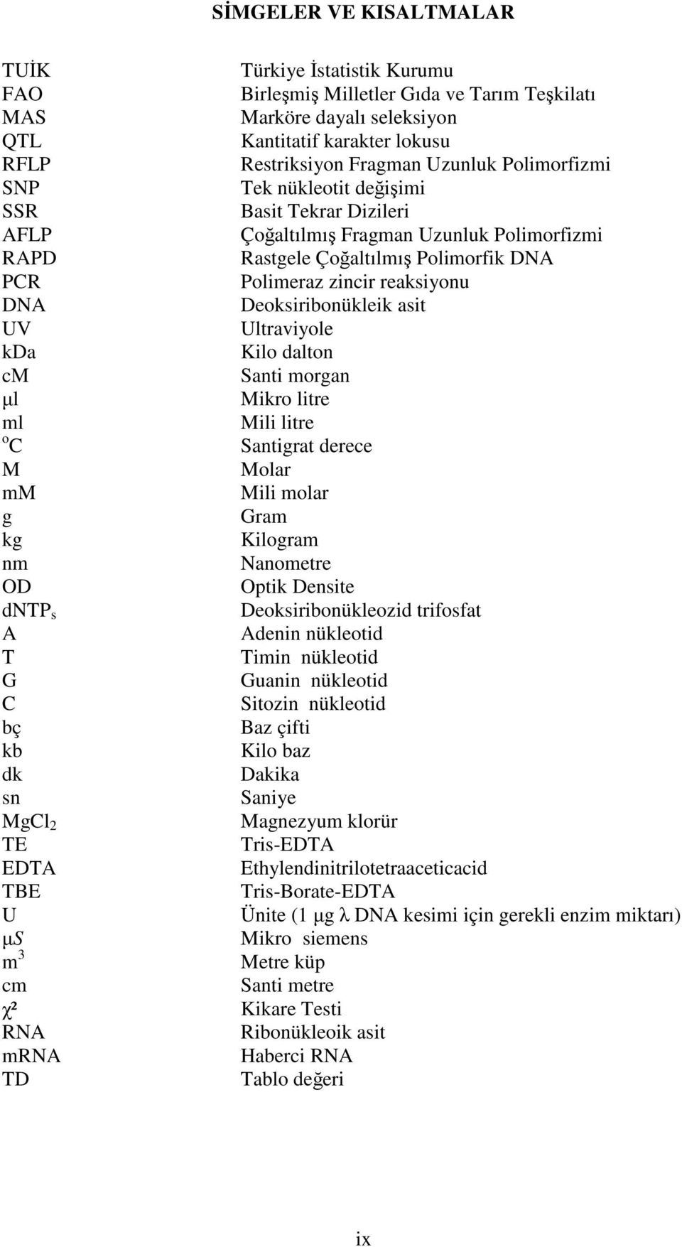 Deoksiribonükleik asit UV Ultraviyole kda Kilo dalton cm Santi morgan µl Mikro litre ml Mili litre o C Santigrat derece M Molar mm Mili molar g Gram kg Kilogram nm Nanometre OD Optik Densite dntp s