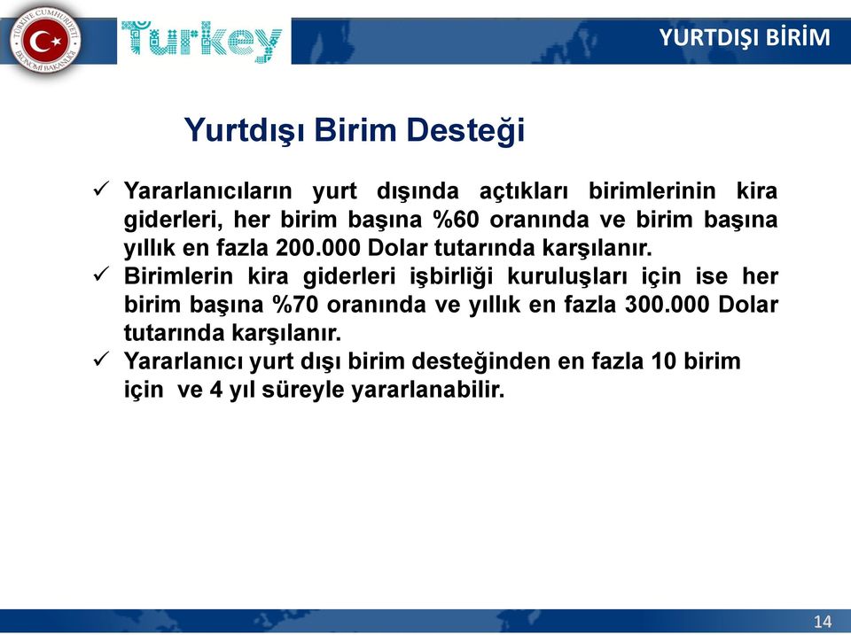 Birimlerin kira giderleri işbirliği kuruluşları için ise her birim başına %70 oranında ve yıllık en fazla 300.