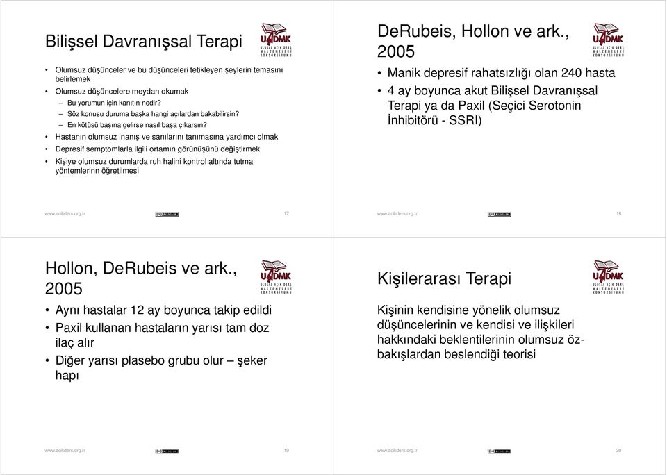 Manik depresif rahatsızlığı olan 240 hasta 4 ay boyunca akut Bilişsel Davranışsal Terapi ya da Paxil (Seçici Serotonin İnhibitörü - SSRI) Hastanın olumsuz inanış ve sanılarını tanımasına yardımcı