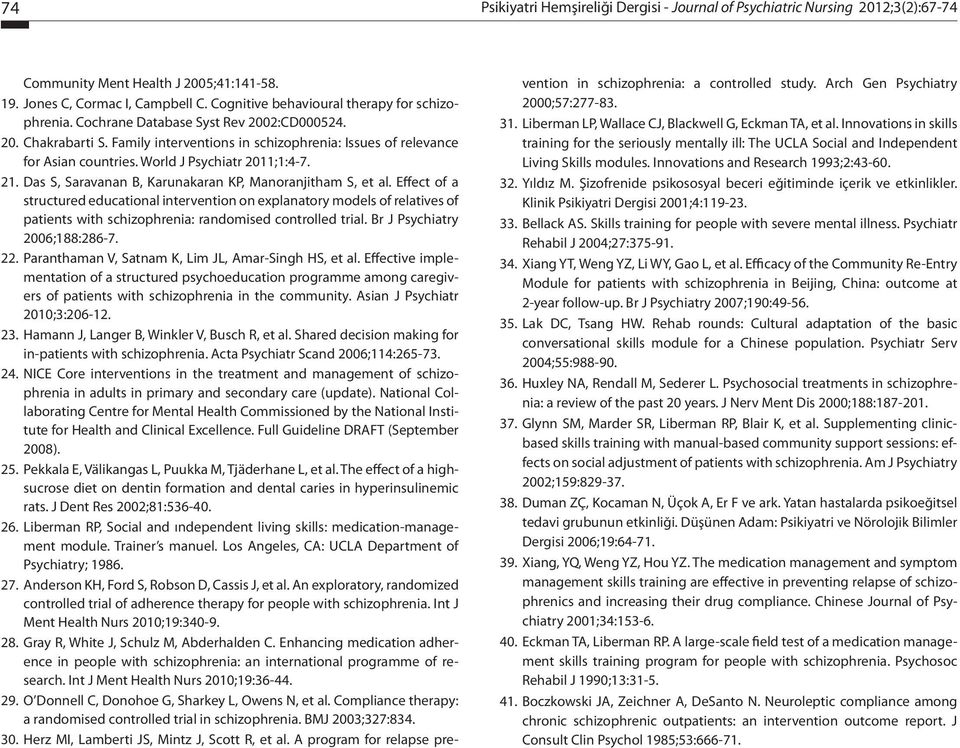 World J Psychiatr 2011;1:4-7. 21. Das S, Saravanan B, Karunakaran KP, Manoranjitham S, et al.