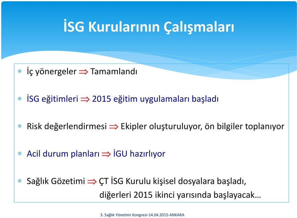 bilgiler toplanıyor Acil durum planları İGU hazırlıyor Sağlık Gözetimi ÇT