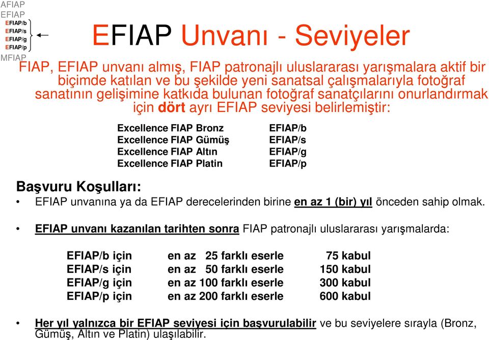 FIAP Altın Excellence FIAP Platin EFIAP/b EFIAP/s EFIAP/g EFIAP/p Başvuru Koşulları: EFIAP unvanına ya da EFIAP derecelerinden birine en az 1 (bir) yıl önceden sahip olmak.