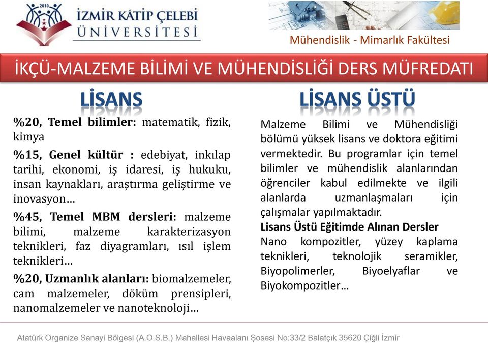 malzemeler, döküm prensipleri, nanomalzemeler ve nanoteknoloji Malzeme Bilimi ve Mühendisliği bölümü yüksek lisans ve doktora eğitimi vermektedir.