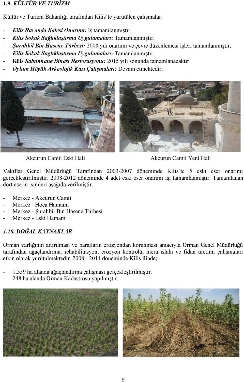 - Kilis Sabunhane Binası Restorasyonu: 2015 yılı sonunda tamamlanacaktır. - Oylum Höyük Arkeolojik Kazı Çalışmaları: Devam etmektedir.