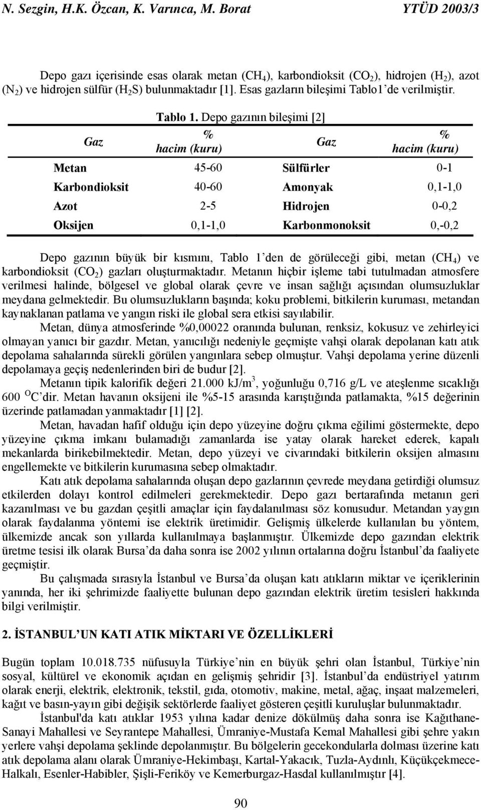 Esas gazların bileşimi Tablo1 de verilmiştir. Gaz Tablo 1.