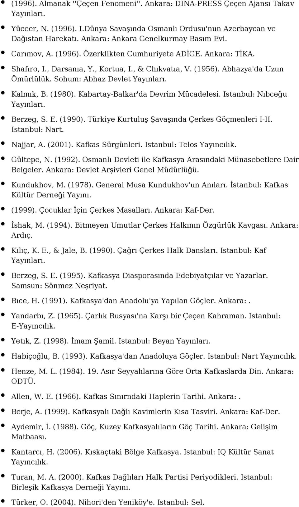 Kabartay-Balkar'da Devrim Mücadelesi. Istanbul: Nıbceğu Berzeg, S. E. (1990). Türkiye Kurtuluş Şavaşında Çerkes Göçmenleri I-II. Istanbul: Nart. Najjar, A. (2001). Kafkas Sürgünleri.