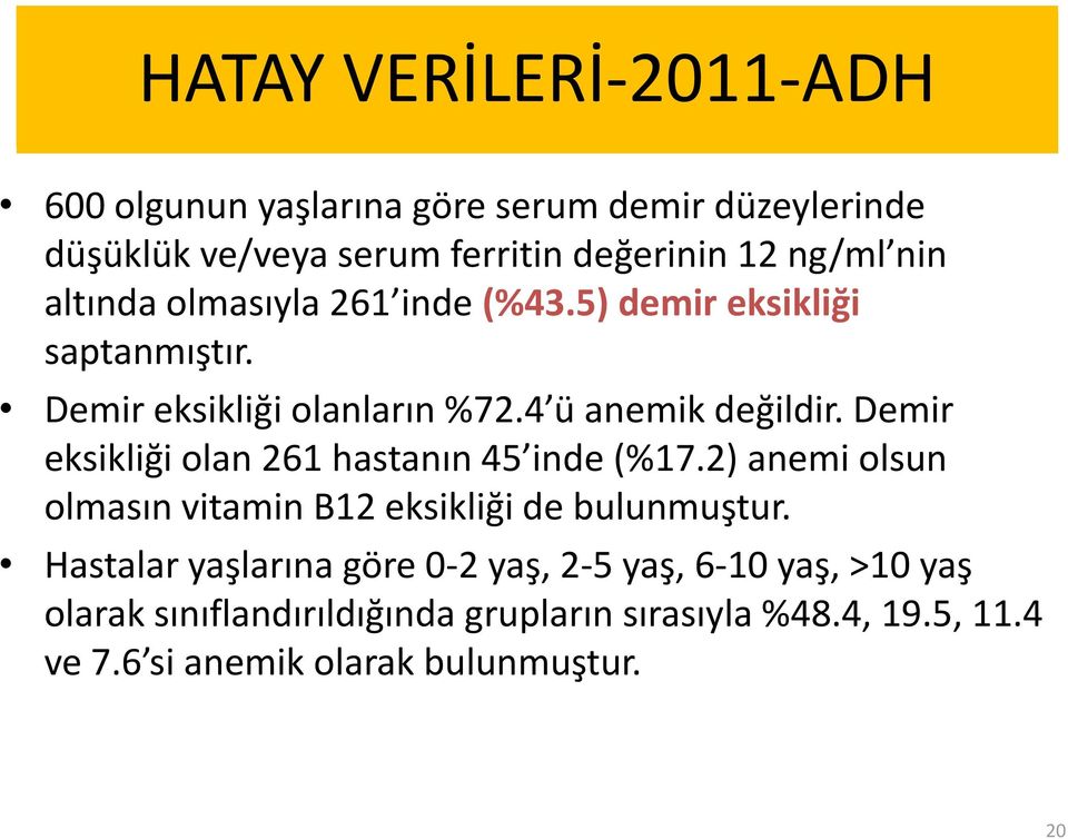 Demir eksikliği olan 261 hastanın 45 inde (%17.2) anemi olsun olmasın vitamin B12 eksikliği de bulunmuştur.