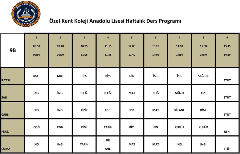 TESİ MAT MAT BİY. BİY. DİN İSP. İSP. SAĞ.BİL SALI B.EĞ. B.EĞ. MAT COĞ MÜZİK FİZ. ÇARŞ.
