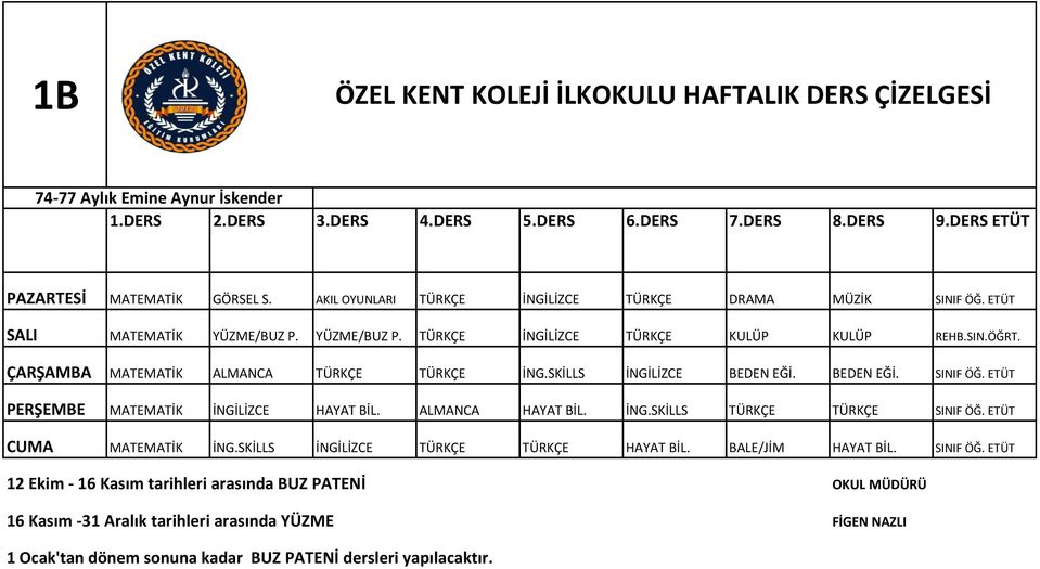 SIN.ÖĞRT. ÇARŞAMBA MATEMATİK ALMANCA TÜRKÇE TÜRKÇE SKİLLS İNGİLİZCE BEDEN EĞİ. BEDEN EĞİ. PERŞEMBE MATEMATİK İNGİLİZCE HAYAT BİL.