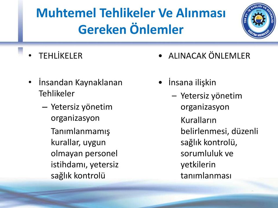 olmayan personel istihdamı, yetersiz sağlık kontrolü İnsana ilişkin Yetersiz yönetim