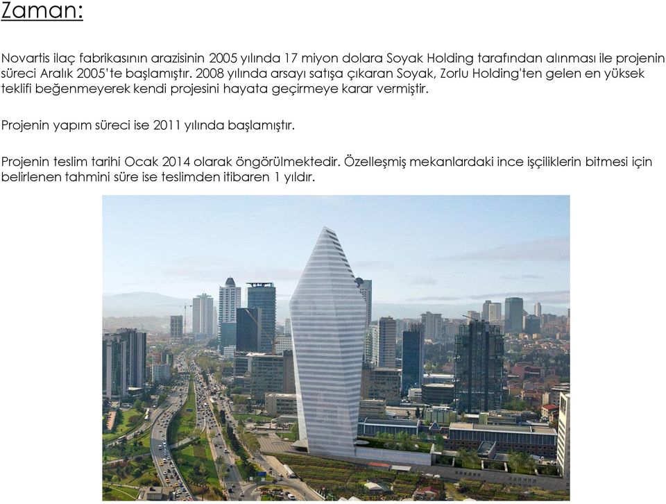 2008 yılında arsayı satışa çıkaran Soyak, Zorlu Holding'ten gelen en yüksek teklifi beğenmeyerek kendi projesini hayata geçirmeye