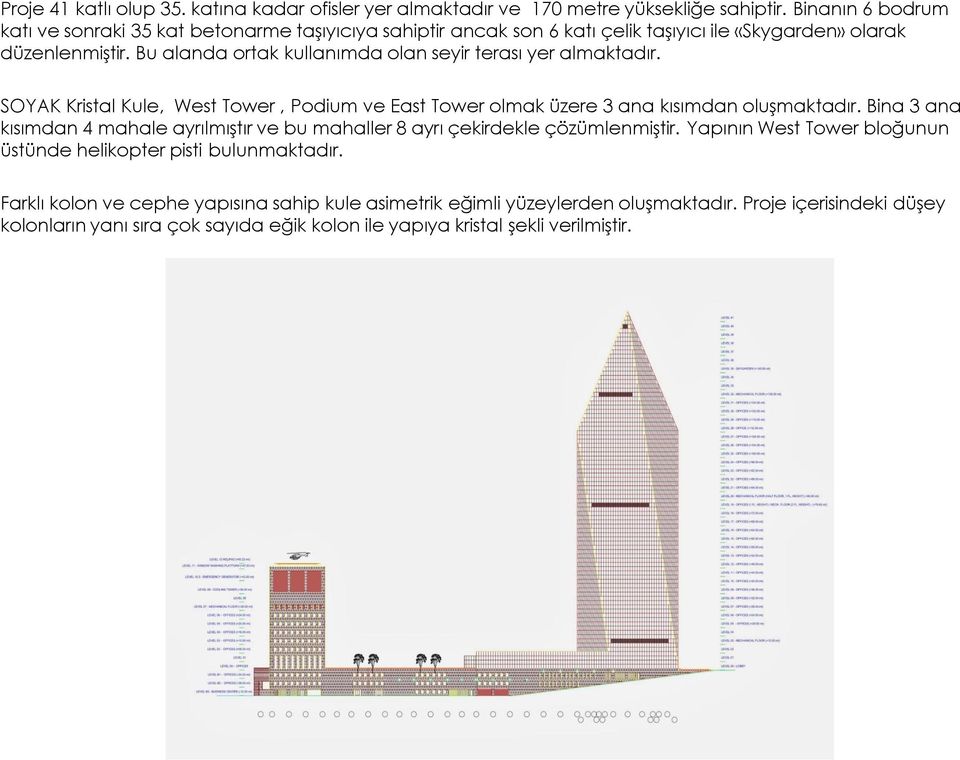 Bu alanda ortak kullanımda olan seyir terası yer almaktadır. SOYAK Kristal Kule, West Tower, Podium ve East Tower olmak üzere 3 ana kısımdan oluşmaktadır.