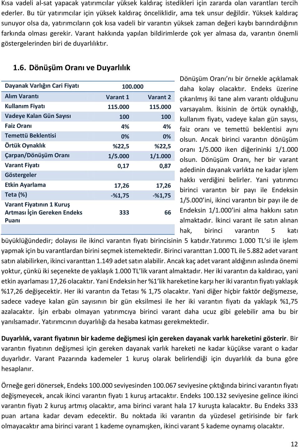 Varant hakkında yapılan bildirimlerde çok yer almasa da, varantın önemli göstergelerinden biri de duyarlılıktır. 1.6. Dönüşüm Oranı ve Duyarlılık Dayanak Varlığın Cari Fiyatı 100.