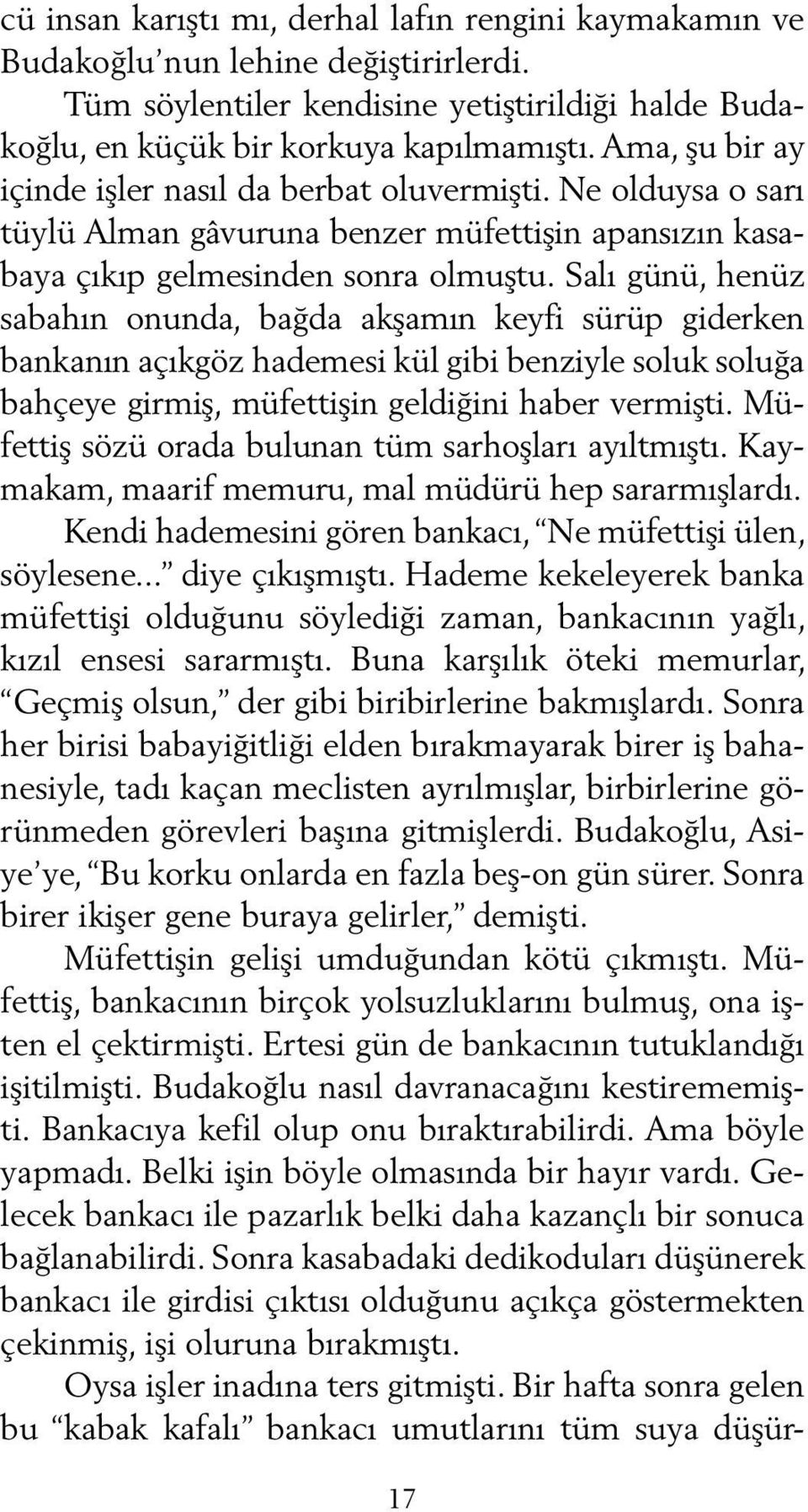 Salı günü, henüz sabahın onunda, bağda akşamın keyfi sürüp giderken bankanın açıkgöz hademesi kül gibi benziyle soluk soluğa bahçeye girmiş, müfettişin geldiğini haber vermişti.