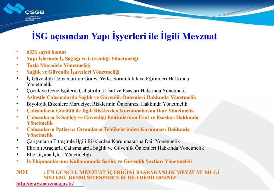 Hakkında Yönetmelik Biyolojik Etkenlere Maruziyet Risklerinin Önlenmesi Hakkında Yönetmelik Çalışanların Gürültü ile İlgili Risklerden Korunmalarına Dair Yönetmelik Çalışanların İş Sağlığı ve