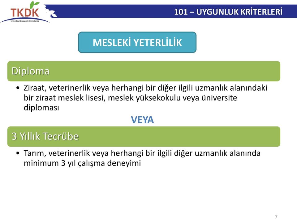 üniversite diploması 3 Yıllık Tecrübe MESLEKİ YETERLİLİK VEYA Tarım,