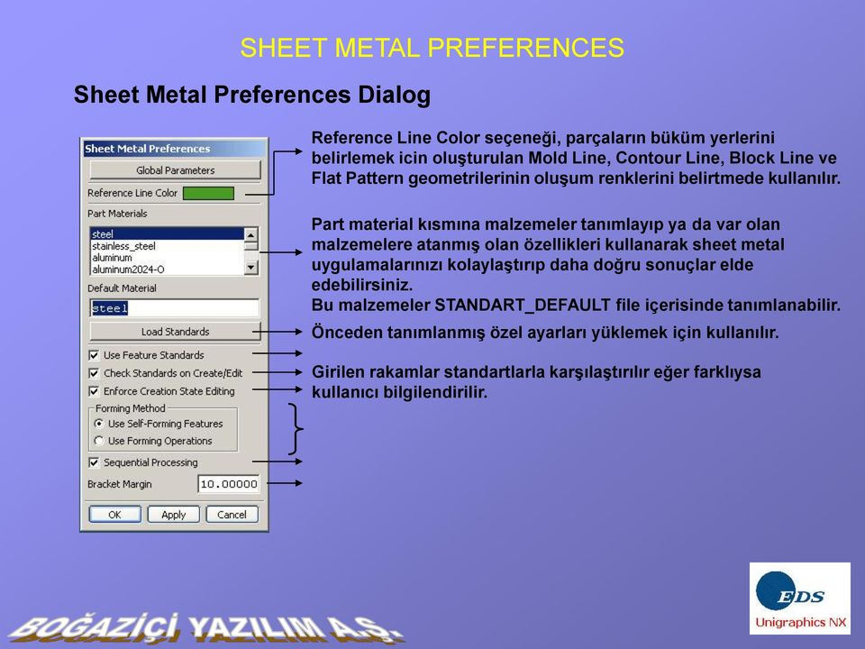 Part material kısmına malzemeler tanımlayıp ya da var olan malzemelere atanmış olan özellikleri kullanarak sheet metal uygulamalarınızı kolaylaştırıp daha doğru