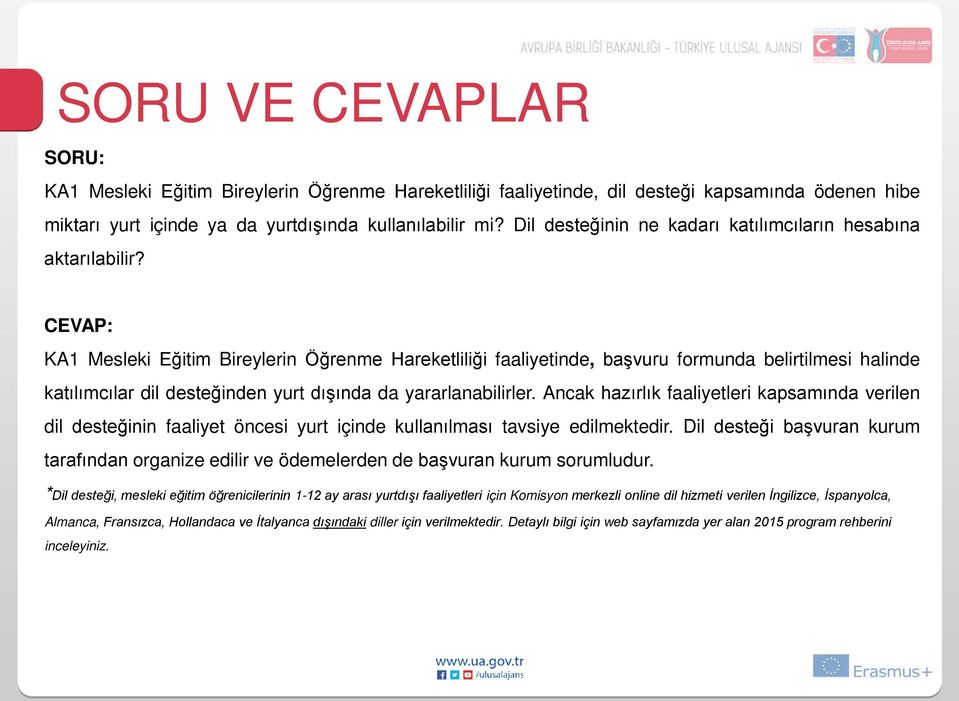 KA1 Mesleki Eğitim Bireylerin Öğrenme Hareketliliği faaliyetinde, başvuru formunda belirtilmesi halinde katılımcılar dil desteğinden yurt dışında da yararlanabilirler.