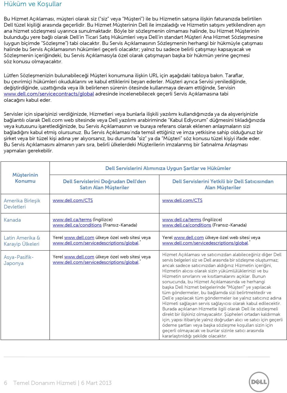 Böyle bir sözleşmenin olmaması halinde, bu Hizmet Müşterinin bulunduğu yere bağlı olarak Dell'in Ticari Satış Hükümleri veya Dell'in standart Müşteri Ana Hizmet Sözleşmesine (uygun biçimde Sözleşme )
