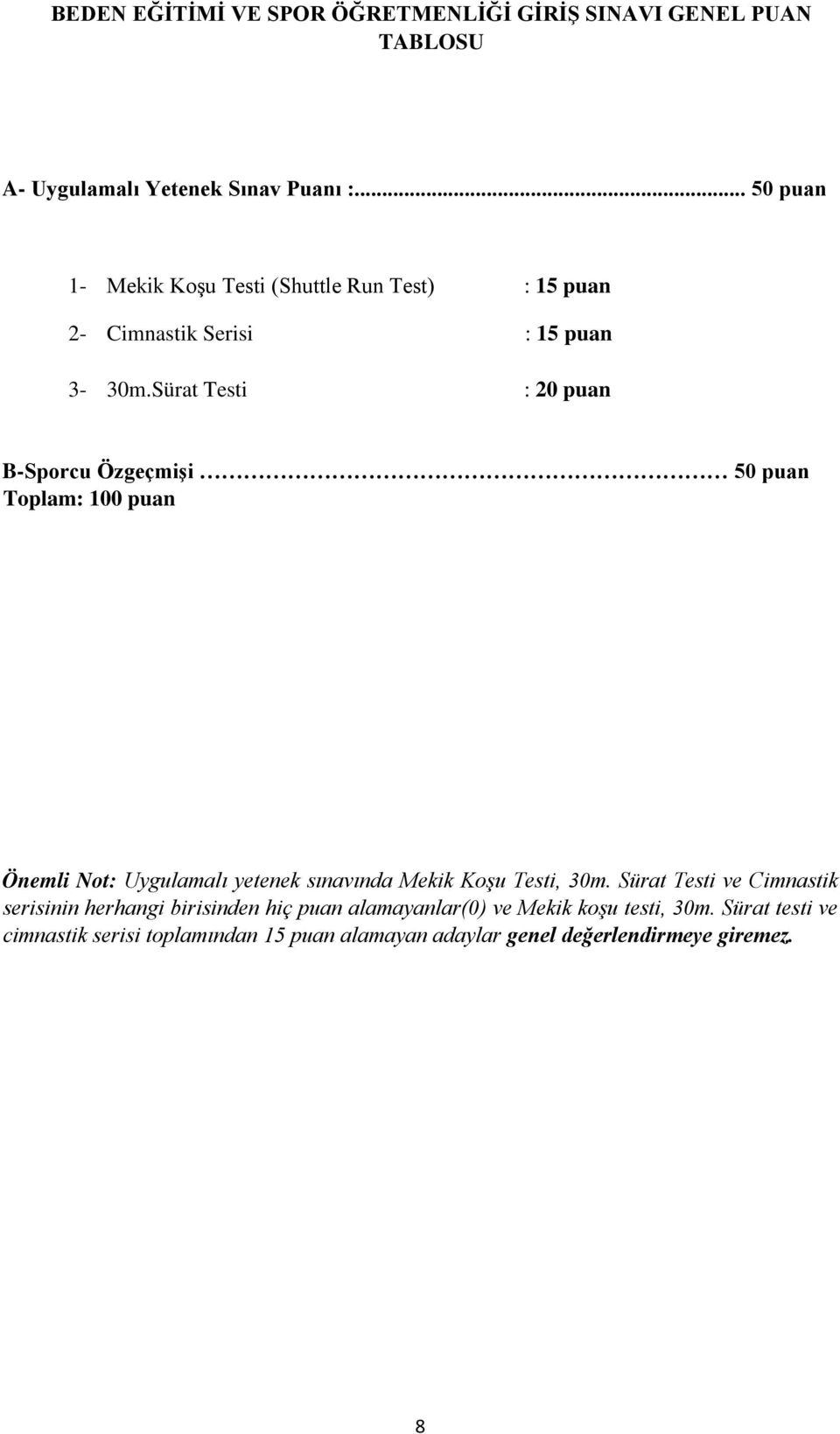 Sürat Testi : 20 puan B-Sporcu Özgeçmişi 50 puan Toplam: 100 puan Önemli Not: Uygulamalı yetenek sınavında Mekik Koşu Testi, 30m.