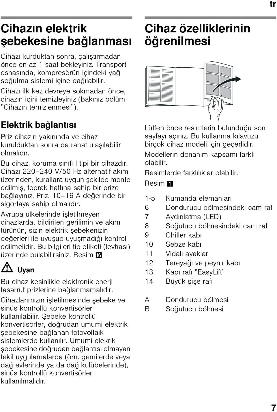 Elektrik bağlantısı Priz cihazın yakınında ve cihaz kurulduktan sonra da rahat ulaşılabilir olmalıdır. Bu cihaz, koruma sınıfı I tipi bir cihazdır.