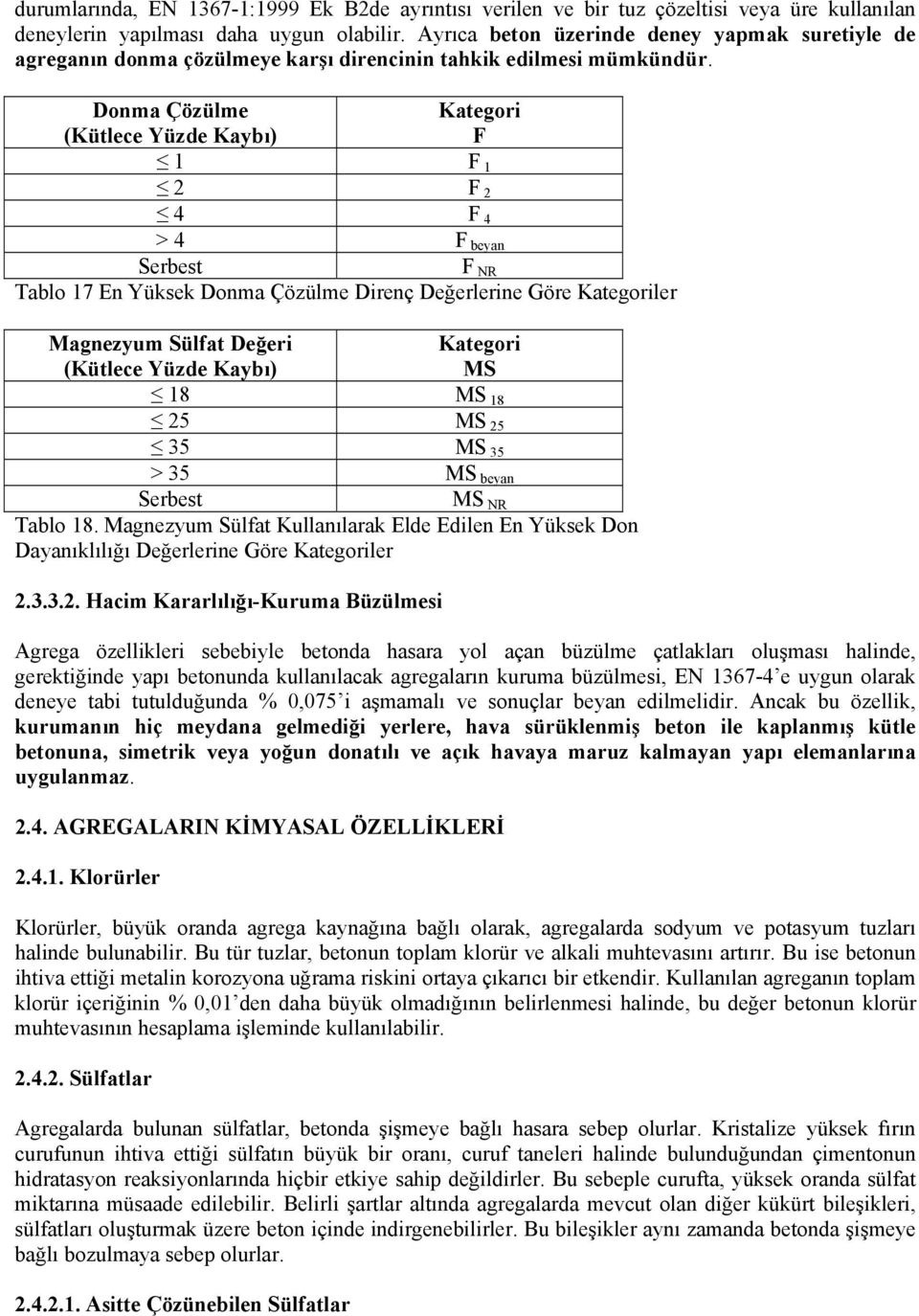 Donma Çözülme (Kütlece Yüzde Kaybı) Kategori F 1 F 1 2 F 2 4 F 4 > 4 F beyan F NR Tablo 17 En Yüksek Donma Çözülme Direnç Değerlerine Göre Kategoriler Magnezyum Sülfat Değeri (Kütlece Yüzde Kaybı)