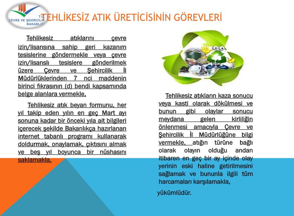 yıla ait bilgileri içerecek şekilde Bakanlıkça hazırlanan internet tabanlı programı kullanarak doldurmak, onaylamak, çıktısını almak ve beş yıl boyunca bir nüshasını saklamakla, Tehlikesiz atıkların