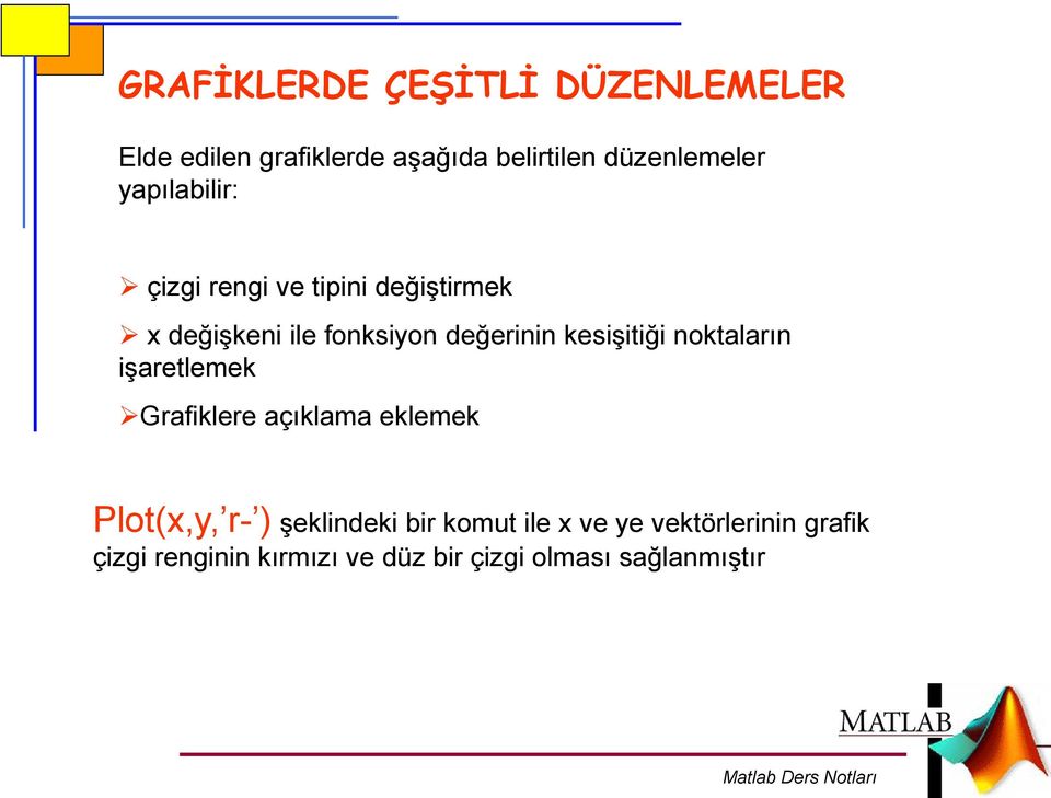 kesişitiği noktaların işaretlemek Grafiklere açıklama eklemek Plot(x,y, r- ) şeklindeki