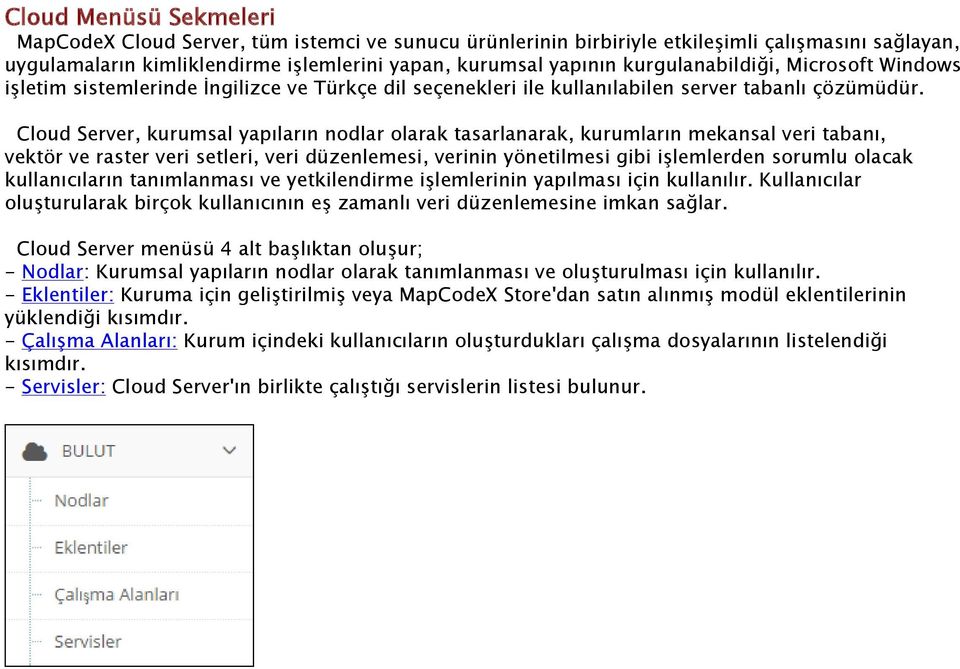 Cloud Server, kurumsal yapıların nodlar olarak tasarlanarak, kurumların mekansal veri tabanı, vektör ve raster veri setleri, veri düzenlemesi, verinin yönetilmesi gibi işlemlerden sorumlu olacak