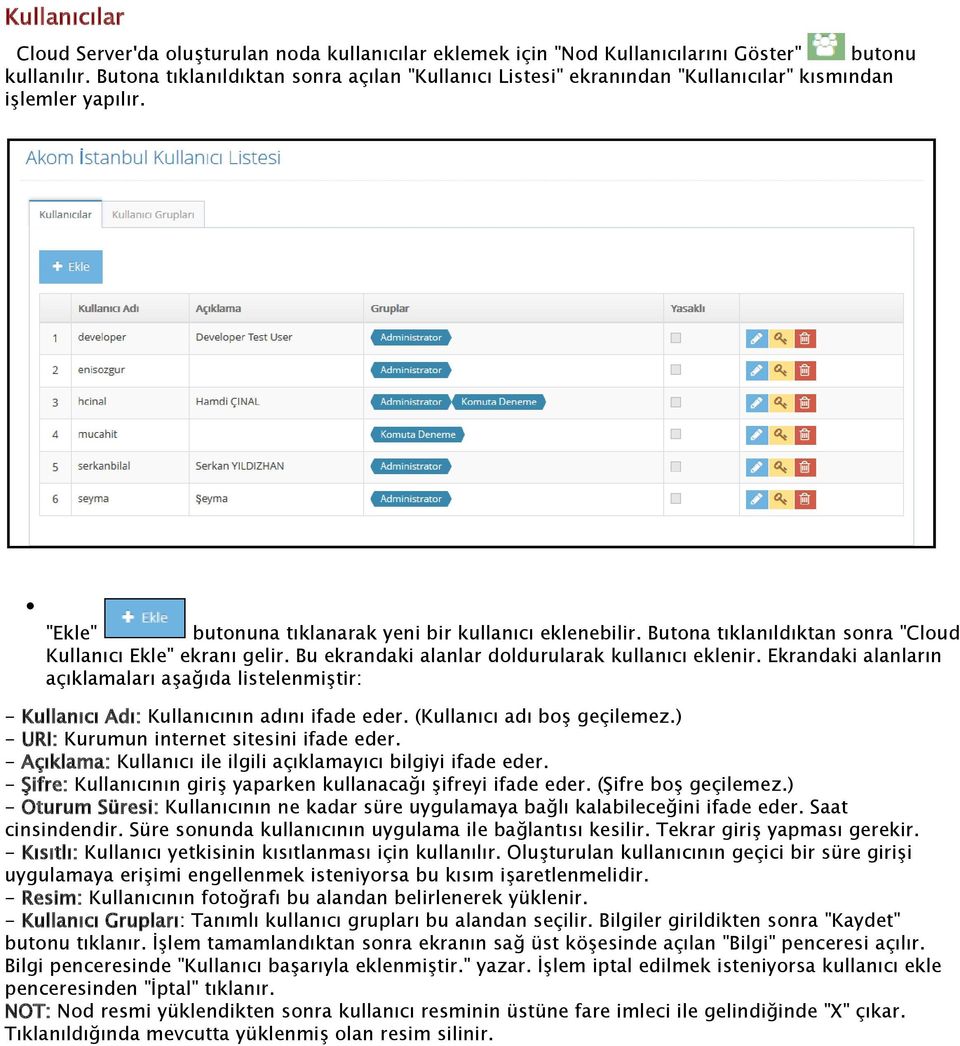 Butona tıklanıldıktan sonra "Cloud Kullanıcı Ekle" ekranı gelir. Bu ekrandaki alanlar doldurularak kullanıcı eklenir.