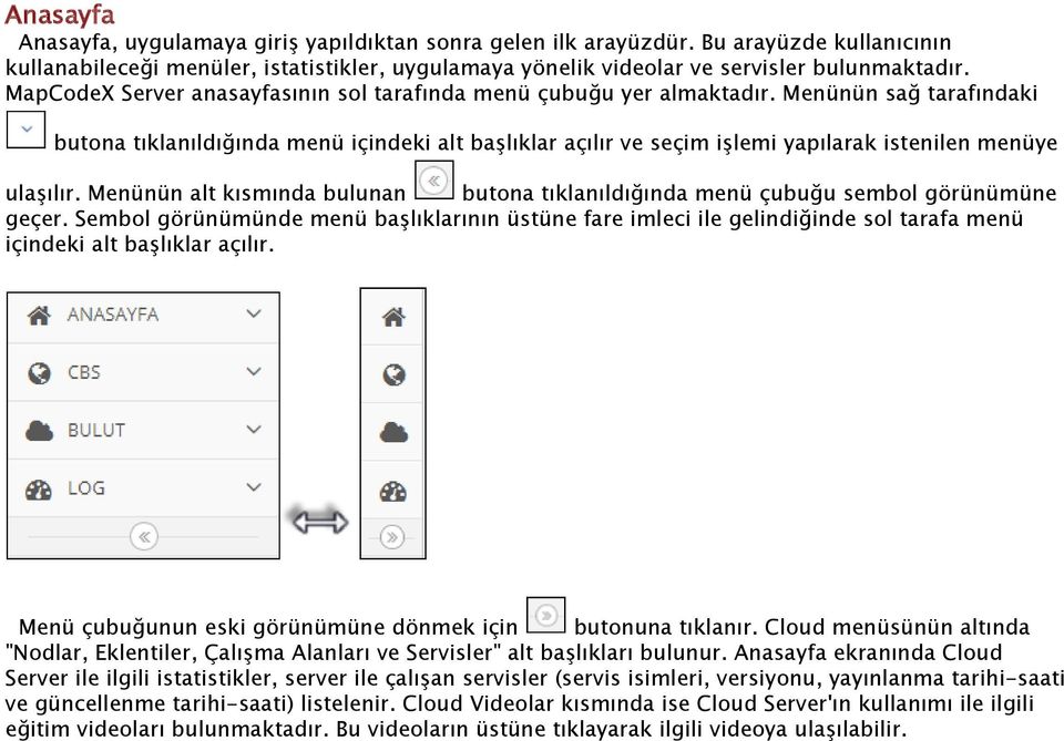 Menünün sağ tarafındaki butona tıklanıldığında menü içindeki alt başlıklar açılır ve seçim işlemi yapılarak istenilen menüye ulaşılır.