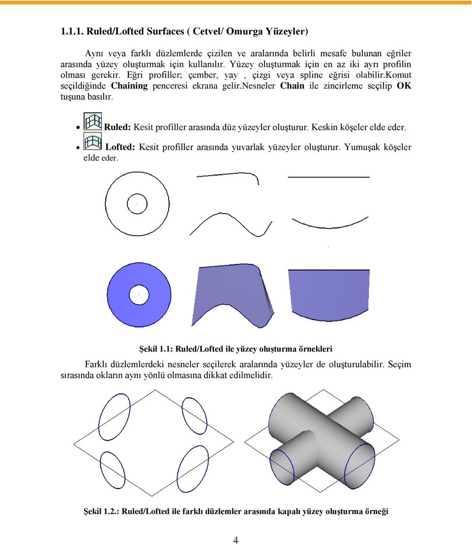 nesneler Chain ile zincirleme seçilip OK tuģuna basılır. Ruled: Kesit profiller arasında düz yüzeyler oluģturur. Keskin köģeler elde eder. Lofted: Kesit profiller arasında yuvarlak yüzeyler oluģturur.