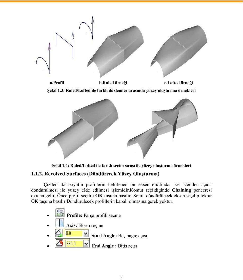 Revolved Surfaces (Döndürerek Yüzey OluĢturma) Çizilen iki boyutlu profillerin belirlenen bir eksen etrafında ve istenilen açıda döndürülmesi ile yüzey elde edilmesi