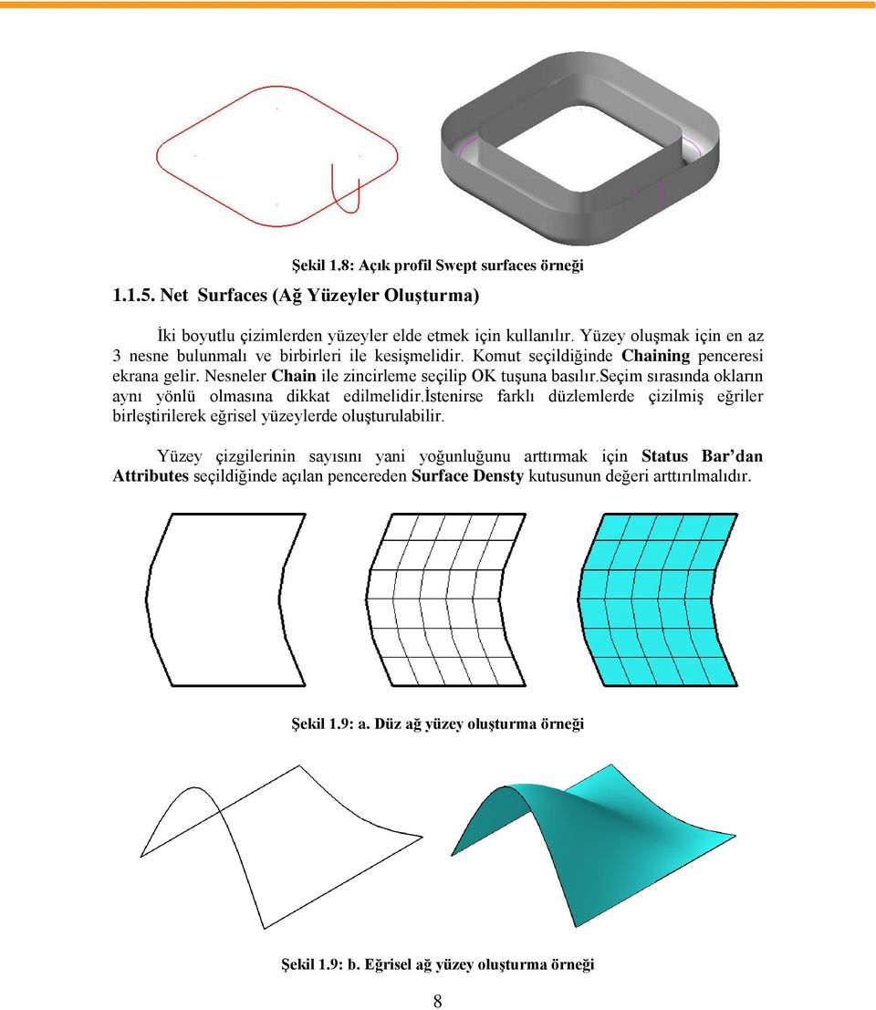 seçim sırasında okların aynı yönlü olmasına dikkat edilmelidir.ġstenirse farklı düzlemlerde çizilmiģ eğriler birleģtirilerek eğrisel yüzeylerde oluģturulabilir.