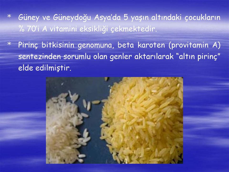 * Pirinç bitkisinin genomuna, beta karoten (provitamin A)