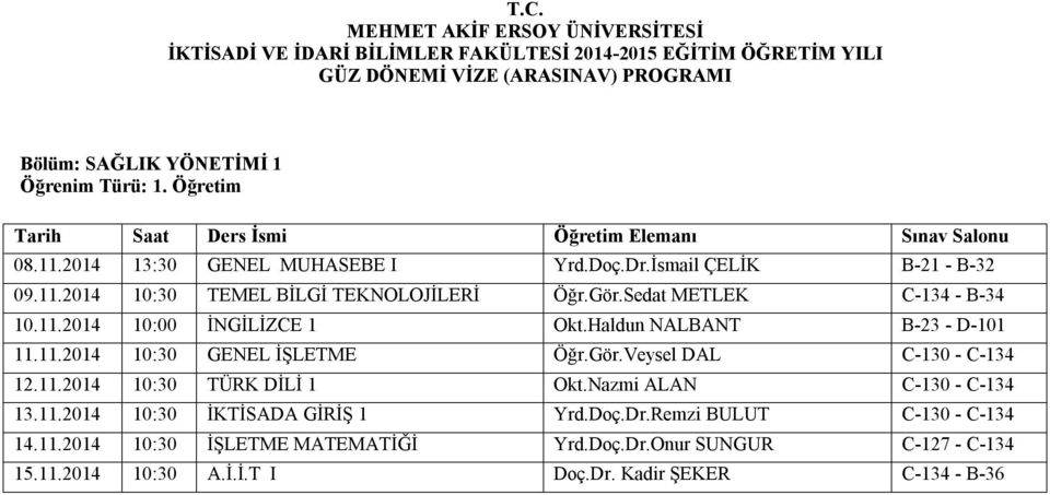 11.2014 10:30 TÜRK DİLİ 1 Okt.Nazmi ALAN C-130 - C-134 13.11.2014 10:30 İKTİSADA GİRİŞ 1 Yrd.Doç.Dr.Remzi BULUT C-130 - C-134 14.11.2014 10:30 İŞLETME MATEMATİĞİ Yrd.