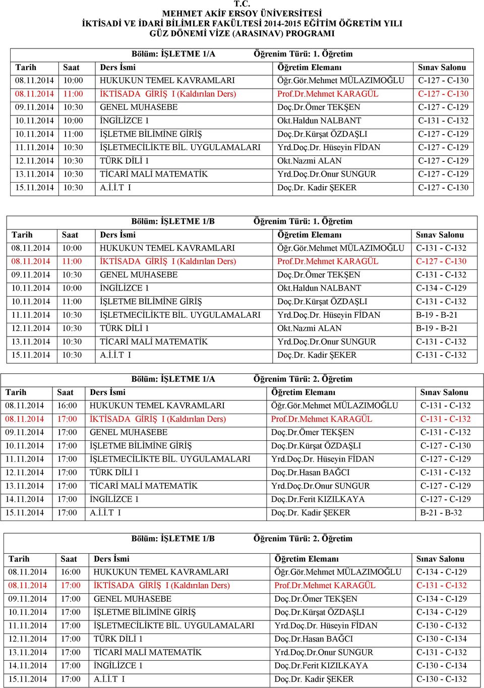 UYGULAMALARI Yrd.Doç.Dr. Hüseyin FİDAN C-127 - C-129 12.11.2014 10:30 TÜRK DİLİ 1 Okt.Nazmi ALAN C-127 - C-129 13.11.2014 10:30 TİCARİ MALİ MATEMATİK Yrd.Doç.Dr.Onur SUNGUR C-127 - C-129 15.11.2014 10:30 A.