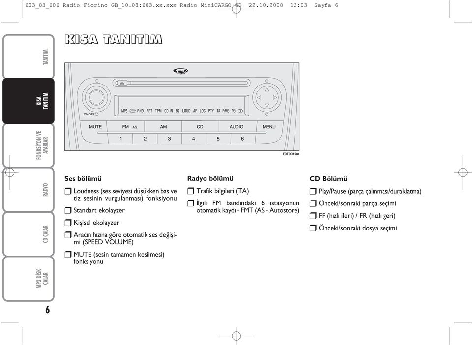 2008 12:03 Sayfa 6 ÇALAR CD ÇALAR Ses bölümü Loudness (ses seviyesi düþükken bas ve tiz sesinin vurgulanmasý) fonksiyonu Standart ekolayzer