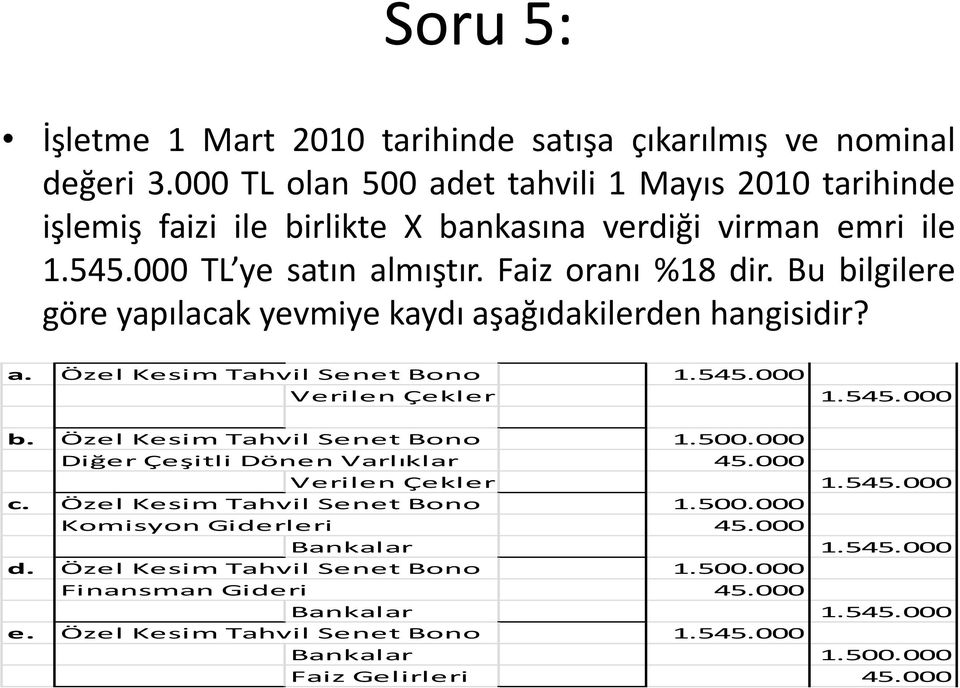 Bu bilgilere göre yapılacak yevmiye kaydı aşağıdakilerden hangisidir? a. Özel Kesim Tahvil Senet Bono 1.545.000 Verilen Çekler 1.545.000 b. Özel Kesim Tahvil Senet Bono 1.500.