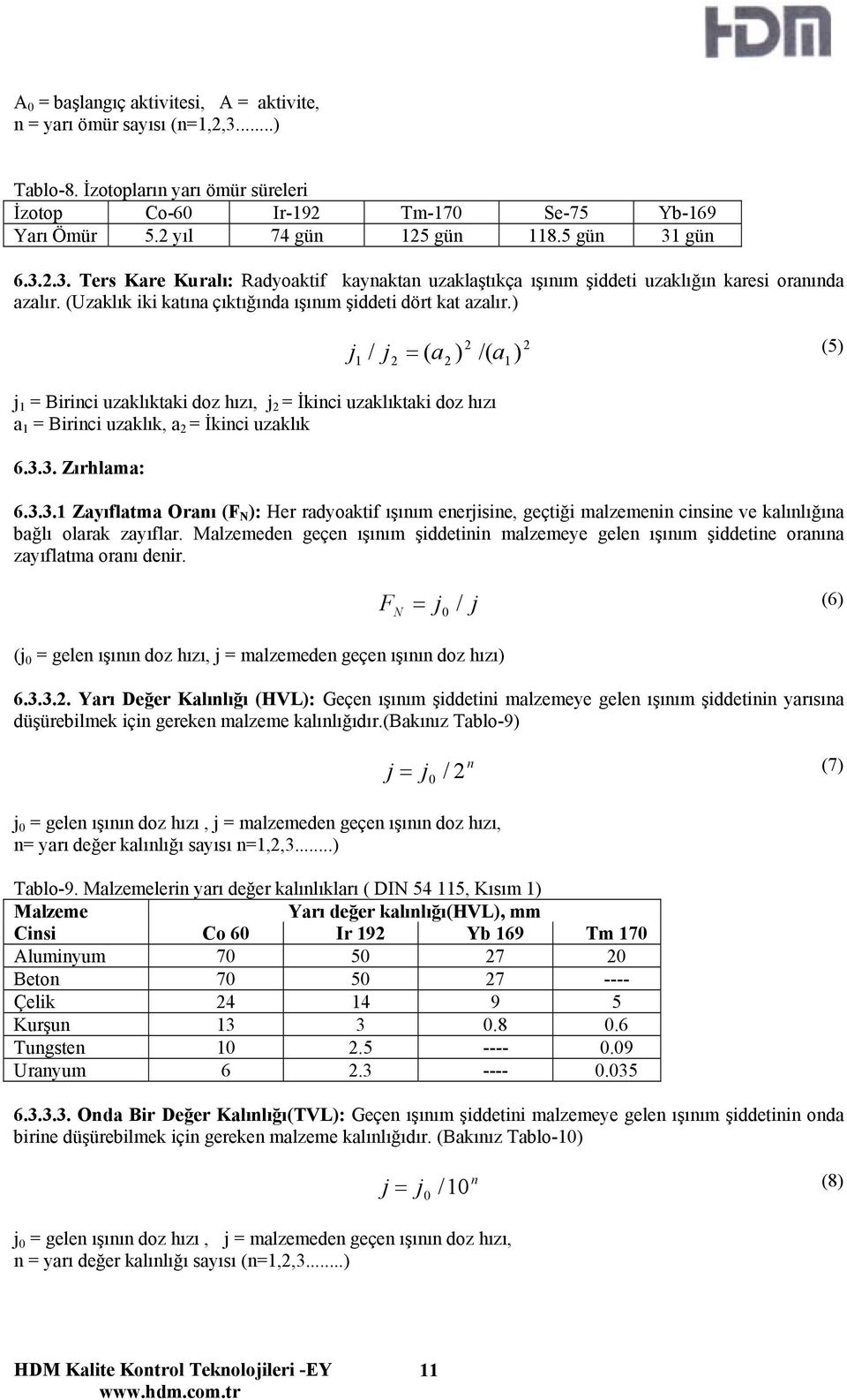 3. Zırhlama: 6.3.3.1 Zayıflatma Oranı (F N ): Her radyoaktif ışınım enerjisine, geçtiği malzemenin cinsine ve kalınlığına bağlı olarak zayıflar.