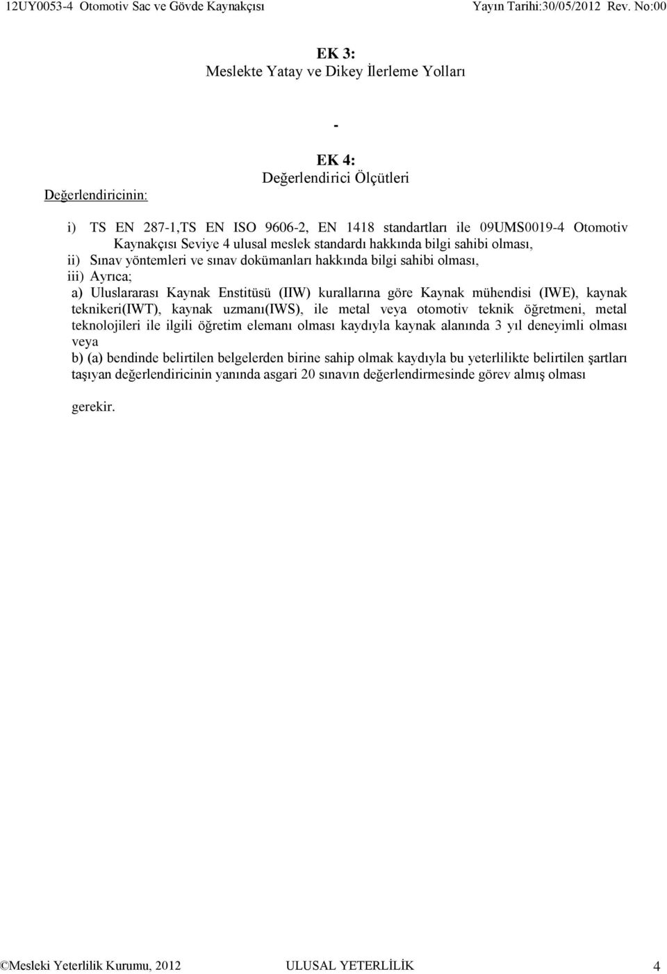 ulusal meslek standardı hakkında bilgi sahibi olması, ii) Sınav yöntemleri ve sınav dokümanları hakkında bilgi sahibi olması, iii) Ayrıca; a) Uluslararası Kaynak Enstitüsü (IIW) kurallarına göre