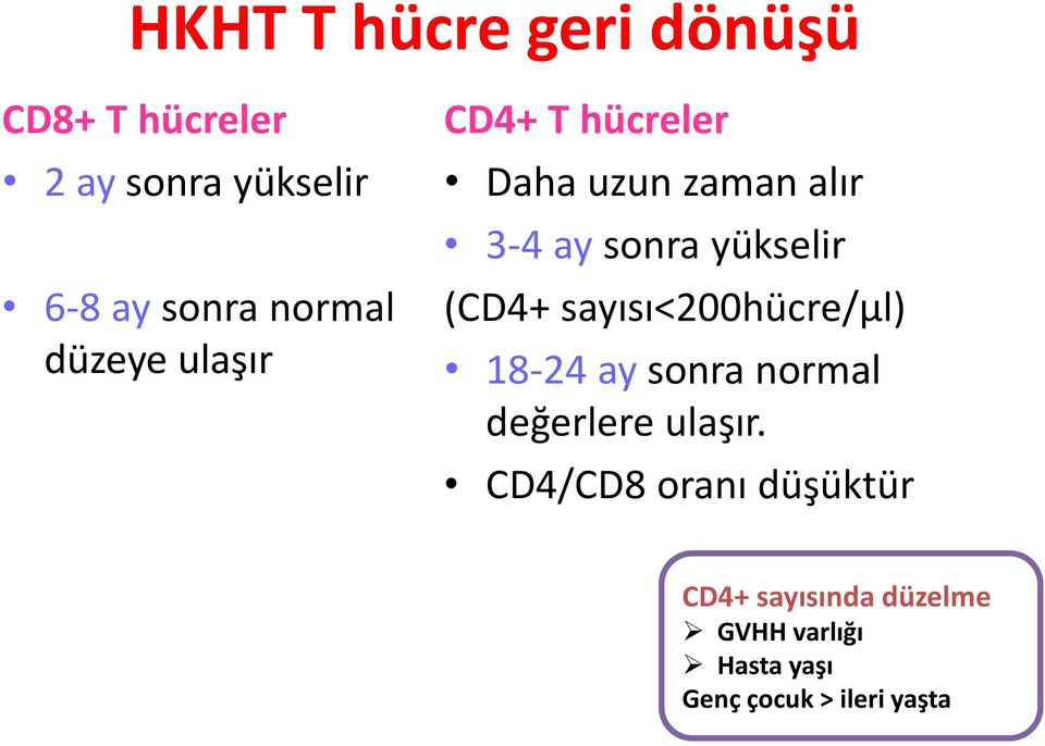 yükselir (CD4+ sayısı<200hücre/μl) 18-24 ay sonra normal değerlere ulaşır.