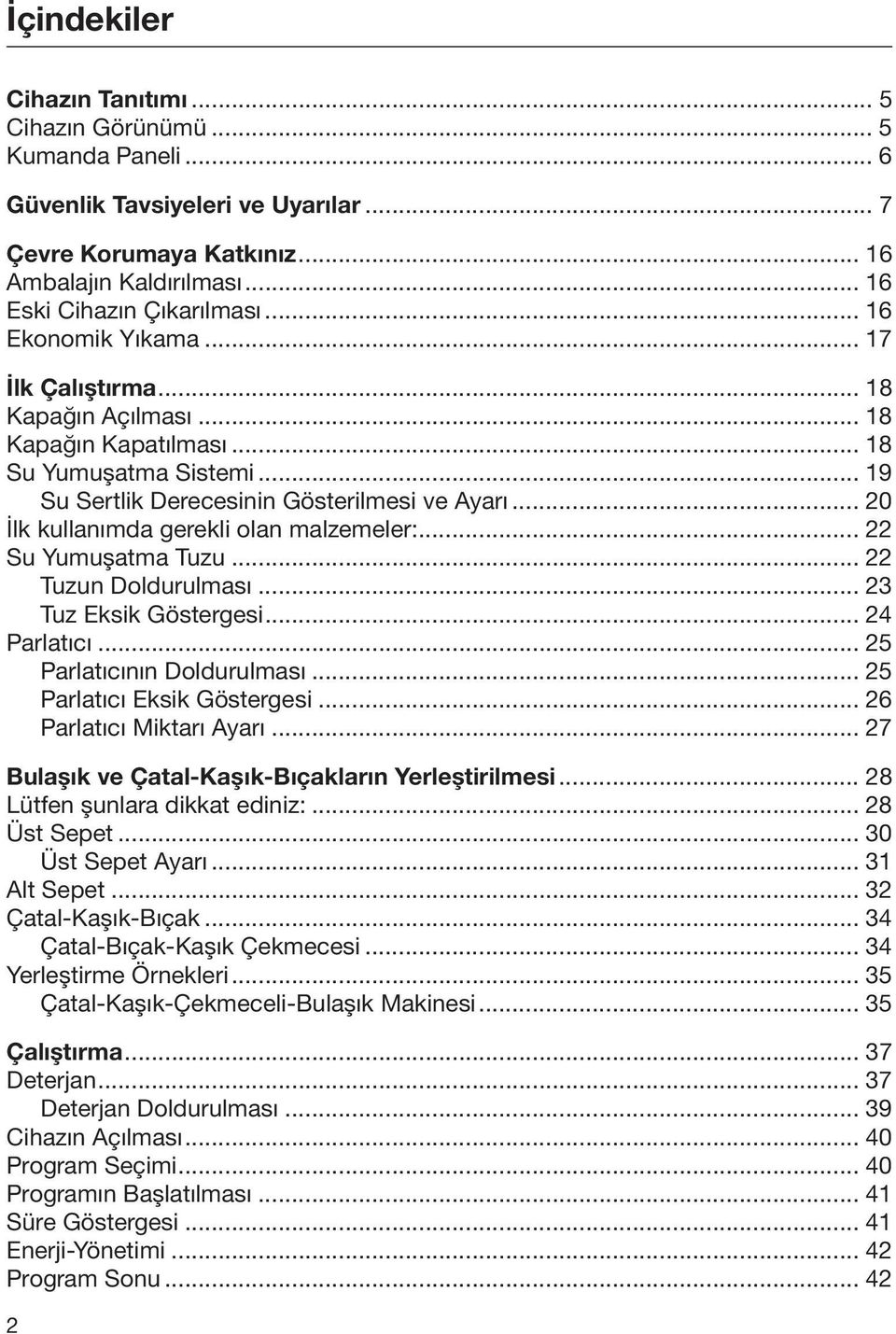 .. 20 İlk kullanımda gerekli olan malzemeler:... 22 Su Yumuşatma Tuzu... 22 Tuzun Doldurulması... 23 Tuz Eksik Göstergesi... 24 Parlatıcı... 25 Parlatıcının Doldurulması.